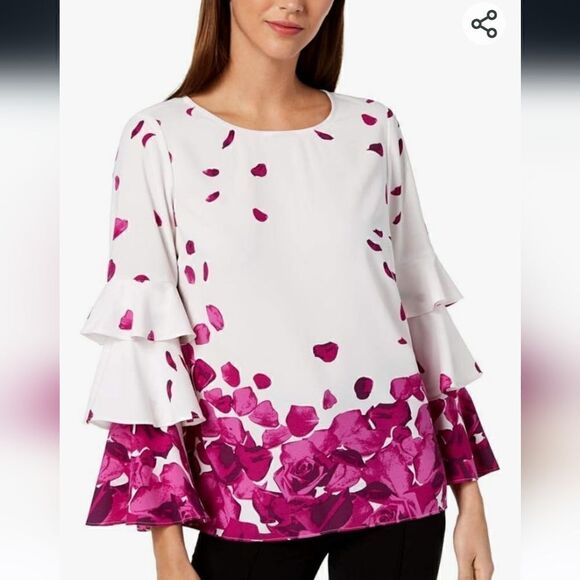 Alfani Women's Tiered Ruffled Blouse in Berry Bliss Floral with Bell Sleeves - Picture 1 of 11